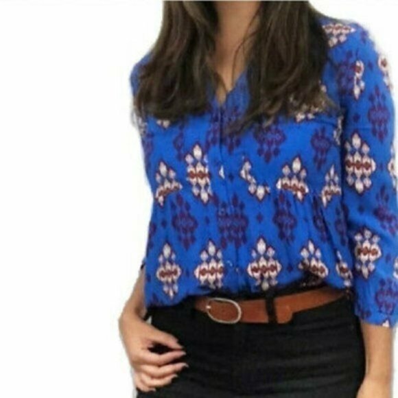 Anthro Maeve Blue Woodland Walk Aztec Blouse 2 - Picture 2 of 8